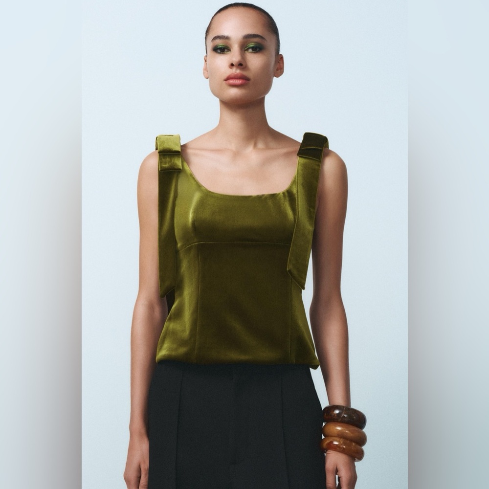 Zara Olive Green Velvet Corset Top NWT